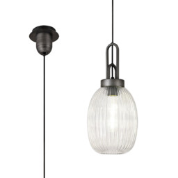 Yorktown Ceiling Pendant E27 20cm Almond Ribbed Glass, Clear Black, Aged Pewter
