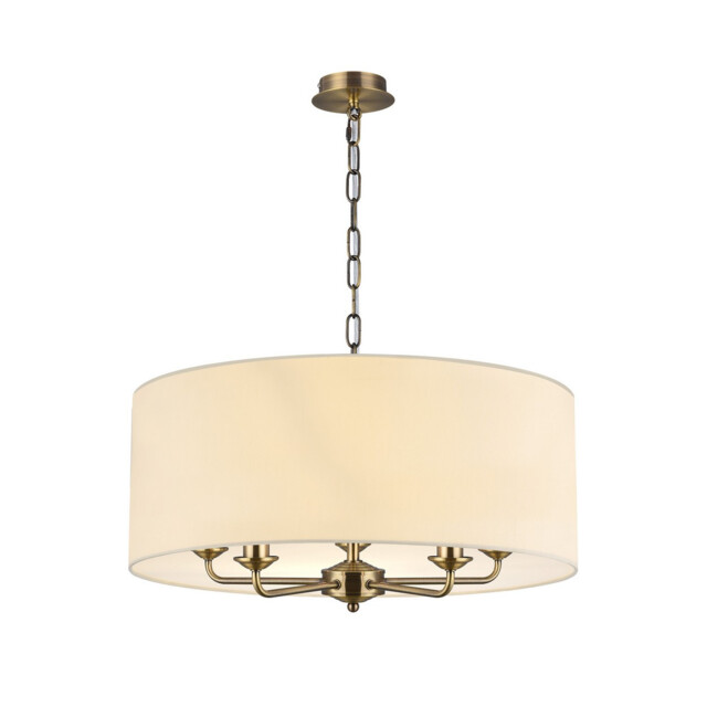Banyan 5 Light Multi Arm Pendant, E14 Antique Brass With 60cm x 22cm Faux Silk Shade, Ivory Pearl/White Laminate - image 1