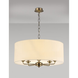 Banyan 5 Light Multi Arm Pendant, E14 Antique Brass With 60cm x 22cm Faux Silk Shade, Ivory Pearl/White Laminate - thumbnail 2