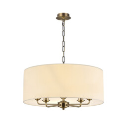 Banyan 5 Light Multi Arm Pendant, E14 Antique Brass With 60cm x 22cm Faux Silk Shade, Ivory Pearl/White Laminate - thumbnail 1