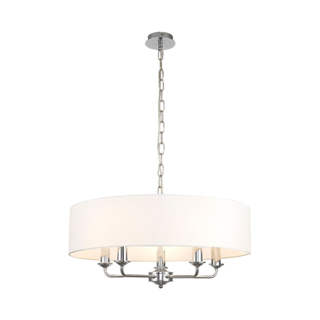 Banyan 5 Light Multi Arm Pendant, E14 Polished Chrome With 60cm x 15cm Faux Silk Shade, White - image 1