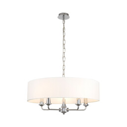 Banyan 5 Light Multi Arm Pendant, E14 Polished Chrome With 60cm x 15cm Faux Silk Shade, White - thumbnail 1