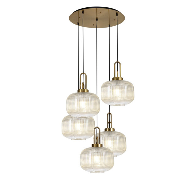Yorktown 75cm 2.5m Round Pendant, 5 x E27, Brass Gold/Matt Black With 30cm Pumpkin Shaped Ribbed Champagne Glass - image 1