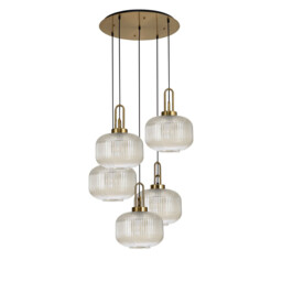 Yorktown 75cm 2.5m Round Pendant, 5 x E27, Brass Gold/Matt Black With 30cm Pumpkin Shaped Ribbed Champagne Glass - thumbnail 5