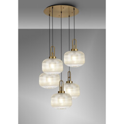 Yorktown 75cm 2.5m Round Pendant, 5 x E27, Brass Gold/Matt Black With 30cm Pumpkin Shaped Ribbed Champagne Glass - thumbnail 3