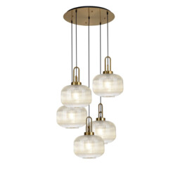 Yorktown 75cm 2.5m Round Pendant, 5 x E27, Brass Gold/Matt Black With 30cm Pumpkin Shaped Ribbed Champagne Glass - thumbnail 1