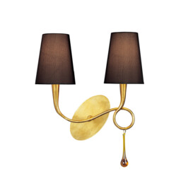Paola Wall Lamp 2 Light E14, Gold Painted With Black Shades & Amber Glass Droplets