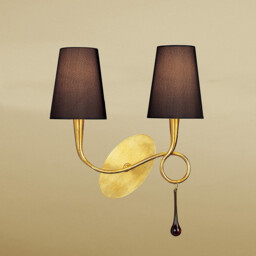 Paola Wall Lamp 2 Light E14, Gold Painted With Black Shades & Amber Glass Droplets - thumbnail 2