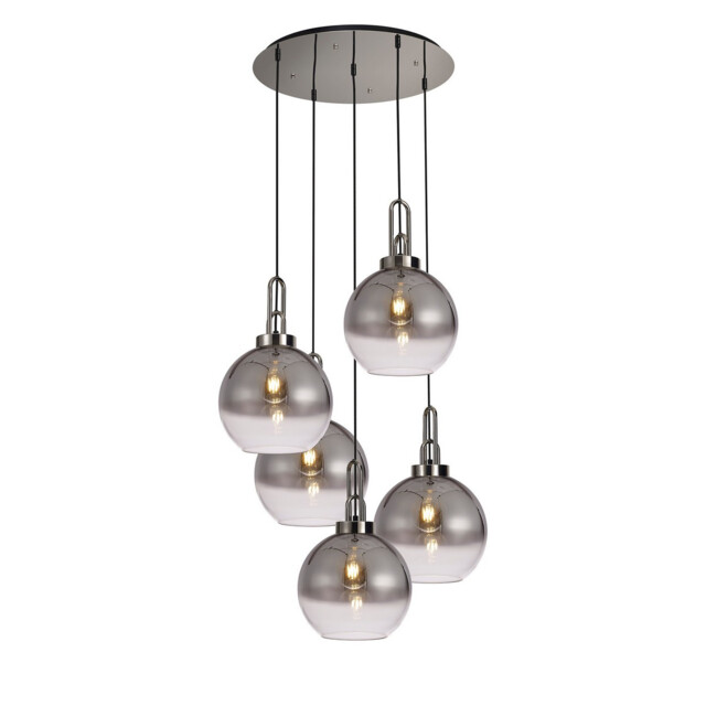 Yorktown 75cm Round 5 Light Pendant With 30cm Globe Glass, Polished Nickel/Matt Black Smoked/Clear - image 1