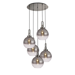 Yorktown 75cm Round 5 Light Pendant With 30cm Globe Glass, Polished Nickel/Matt Black Smoked/Clear - thumbnail 1