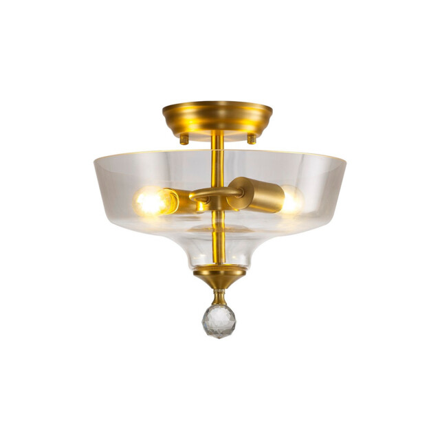 Dresden 2 Light Semi Flush Ceiling Lamp E27 With Flat Round 30cm Glass Shade Satin Gold, Clear - image 1