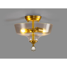 Dresden 2 Light Semi Flush Ceiling Lamp E27 With Flat Round 30cm Glass Shade Satin Gold, Clear - thumbnail 3