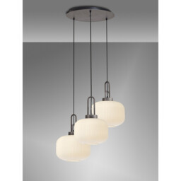 Yorktown 65cm 2m Round Pendant, 3 x E27, Pewter/Matt Black With 30cm Pumpkin Shaped Ribbed Opal Glass - thumbnail 3