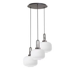 Yorktown 65cm 2m Round Pendant, 3 x E27, Pewter/Matt Black With 30cm Pumpkin Shaped Ribbed Opal Glass - thumbnail 5