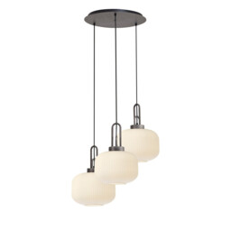Yorktown 65cm 2m Round Pendant, 3 x E27, Pewter/Matt Black With 30cm Pumpkin Shaped Ribbed Opal Glass - thumbnail 1