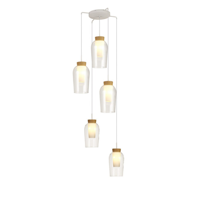 Nora Round Pendant, 5 Light Adjustable E27, White/Wood/Clear Glass With Frosted Inner - image 1