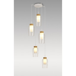 Nora Round Pendant, 5 Light Adjustable E27, White/Wood/Clear Glass With Frosted Inner - thumbnail 2