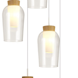 Nora Round Pendant, 5 Light Adjustable E27, White/Wood/Clear Glass With Frosted Inner - thumbnail 5