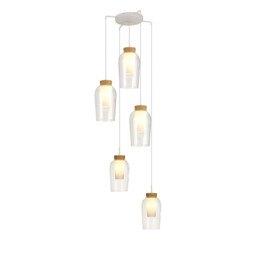 Nora Round Pendant, 5 Light Adjustable E27, White/Wood/Clear Glass With Frosted Inner - thumbnail 1