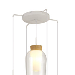 Nora Round Pendant, 5 Light Adjustable E27, White/Wood/Clear Glass With Frosted Inner - thumbnail 3