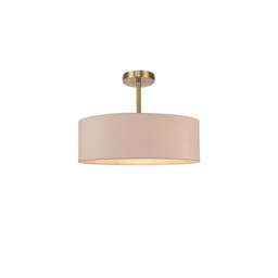 Baymont Antique Brass 5 Light E27 Semi Flush Fixture, With 45cm x 15cm Dual Faux Silk Shade, Nude Beige/Moonlight