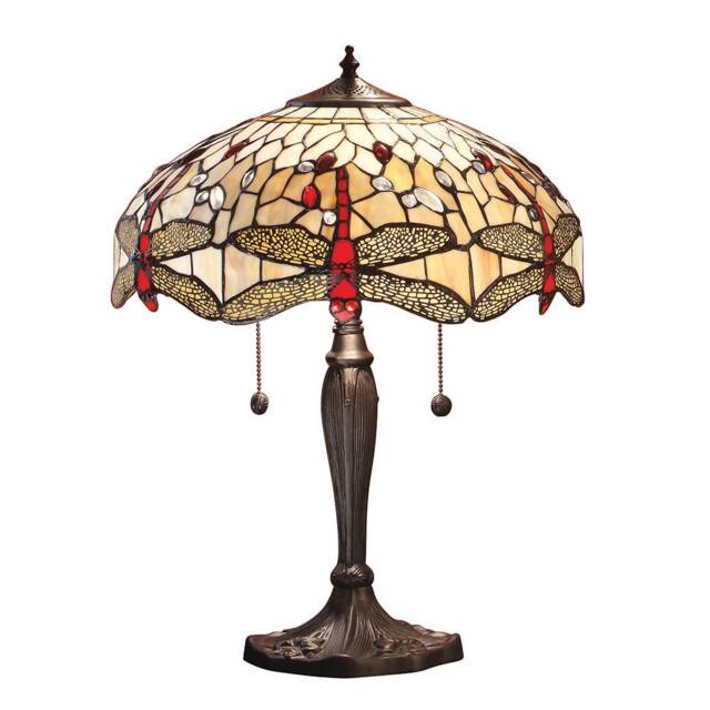 Dragonfly 2 Light Medium Table Lamp Dark Bronze, Beige, Tiffany Style Glass, E27 - image 1