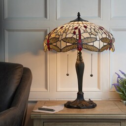 Dragonfly 2 Light Medium Table Lamp Dark Bronze, Beige, Tiffany Style Glass, E27 - thumbnail 2