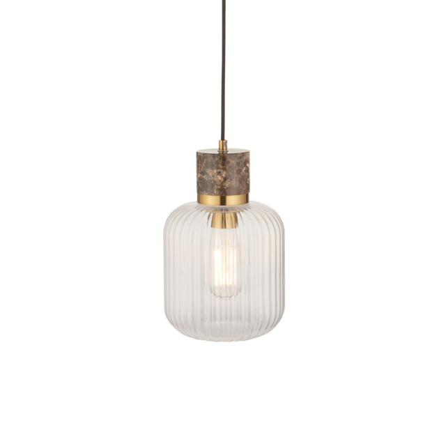 Travi Ribbed Slim Pendant Ceiling Light Dark Brown Emperador Marble, Vintage Brass & Clear Ribbed Glass E27 - image 1