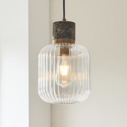Travi Ribbed Slim Pendant Ceiling Light Dark Brown Emperador Marble, Vintage Brass & Clear Ribbed Glass E27 - thumbnail 5