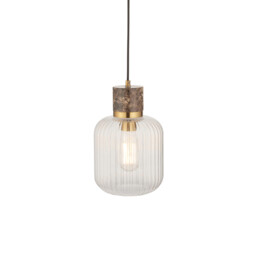 Travi Ribbed Slim Pendant Ceiling Light Dark Brown Emperador Marble, Vintage Brass & Clear Ribbed Glass E27 - thumbnail 1