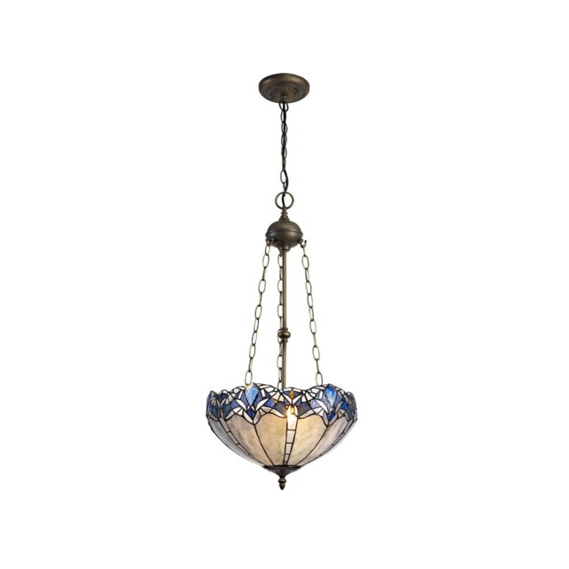 Worcester 3 Light Uplighter Ceiling Pendant E27 With 40cm Tiffany Shade, Blue, Clear Crystal, Aged Antique Brass - image 1