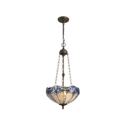 Worcester 3 Light Uplighter Ceiling Pendant E27 With 40cm Tiffany Shade, Blue, Clear Crystal, Aged Antique Brass