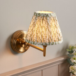 Step Fold Brushed Aged Brass Plate Wall Light with Herb Garden Green Fabric Leaf Shade 16cm B22 - thumbnail 2