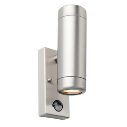 Odyssey PIR Motion Sensor Up Down Wall Lamp Brushed Stainless Steel & Clear Glass IP44 - thumbnail 1