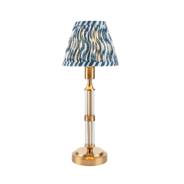 Morton Rechargeable Brushed Aged Brass Plate Table Lamp with Marlin Blue Fabric Ripple Shade 16cm Integrated LED - image 1