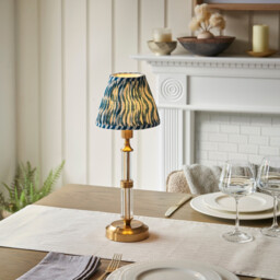 Morton Rechargeable Brushed Aged Brass Plate Table Lamp with Marlin Blue Fabric Ripple Shade 16cm Integrated LED - thumbnail 2