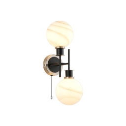 Plattsburgh Switched Wall Light Twin E14 IP44 With 15cm Round White & Grey Marble Effect Glass Shade, Satin Nickel & Satin Black