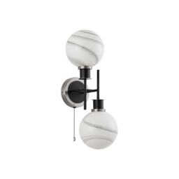 Plattsburgh Switched Wall Light Twin E14 IP44 With 15cm Round White & Grey Marble Effect Glass Shade, Satin Nickel & Satin Black - thumbnail 5