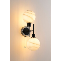 Plattsburgh Switched Wall Light Twin E14 IP44 With 15cm Round White & Grey Marble Effect Glass Shade, Satin Nickel & Satin Black - thumbnail 3