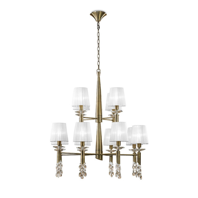 Tiffany Pendant 2 Tier 12+12 Light E14+G9, Antique Brass With White Shades & Clear Crystal - image 1