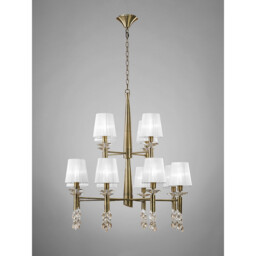 Tiffany Pendant 2 Tier 12+12 Light E14+G9, Antique Brass With White Shades & Clear Crystal - thumbnail 2