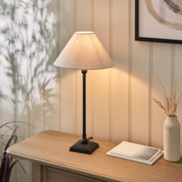 Lille Table Lamp with Round Tapered Shade Matt Black & Natural Faux Linen B22 - thumbnail 3