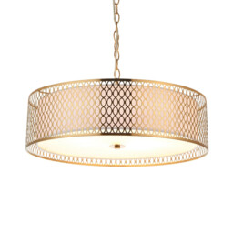Cordero Single Pendant Ceiling Lamp, Gold Effect Plate, White Fabric, Frosted Glass - thumbnail 1