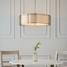 Cordero Single Pendant Ceiling Lamp, Gold Effect Plate, White Fabric, Frosted Glass - thumbnail 3