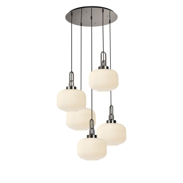 Yorktown 75cm 2.5m Round Pendant, 5 x E27, Polished Nickel/Matt Black With 30cm Pumpkin Shaped Ribbed Opal Glass - image 1