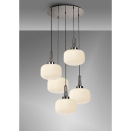 Yorktown 75cm 2.5m Round Pendant, 5 x E27, Polished Nickel/Matt Black With 30cm Pumpkin Shaped Ribbed Opal Glass - thumbnail 3