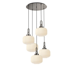 Yorktown 75cm 2.5m Round Pendant, 5 x E27, Polished Nickel/Matt Black With 30cm Pumpkin Shaped Ribbed Opal Glass - thumbnail 1