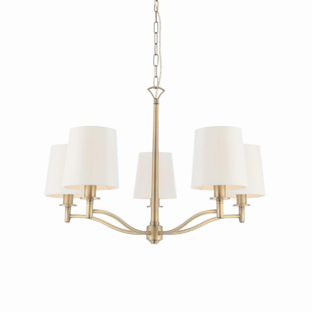 Ortona 5 Light Multi Arm Pendant Matt Antique Brass, Vintage White Faux Silk, E14
