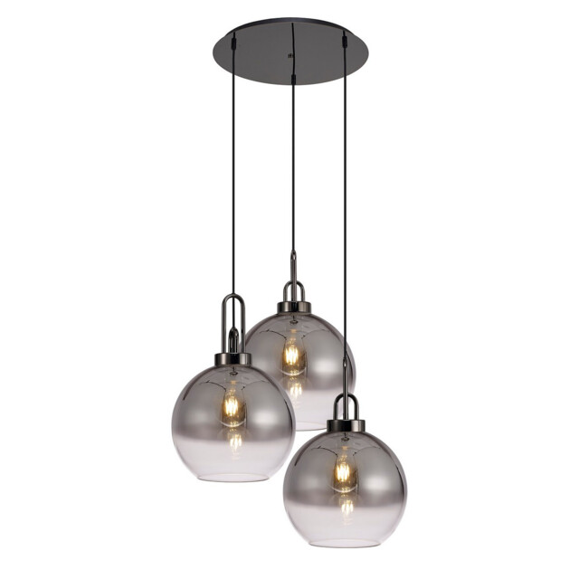 Yorktown 65cm Round 3 Light Pendant With 30cm Globe Glass, Black Chrome/Matt Black Smoked/Clear - image 1
