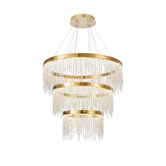 Bano Round 3 Tier Dimmable Pendant 90W LED, 4000K, 11300lm, French Gold / Crystal Chain, 3yrs Warranty - image 1